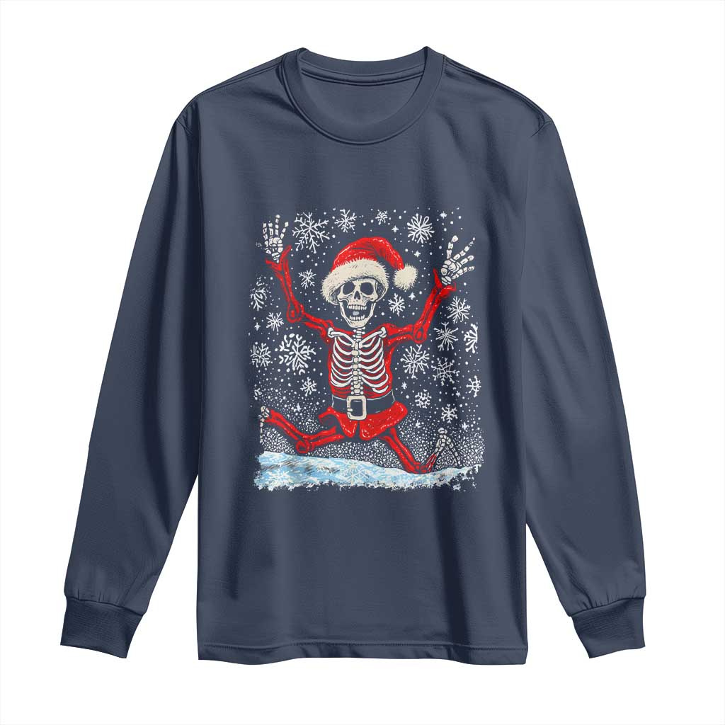 Dancing Skeleton Christmas Long Sleeve Shirt Snowy Xmas Night Santa TS02 Navy Print Your Wear