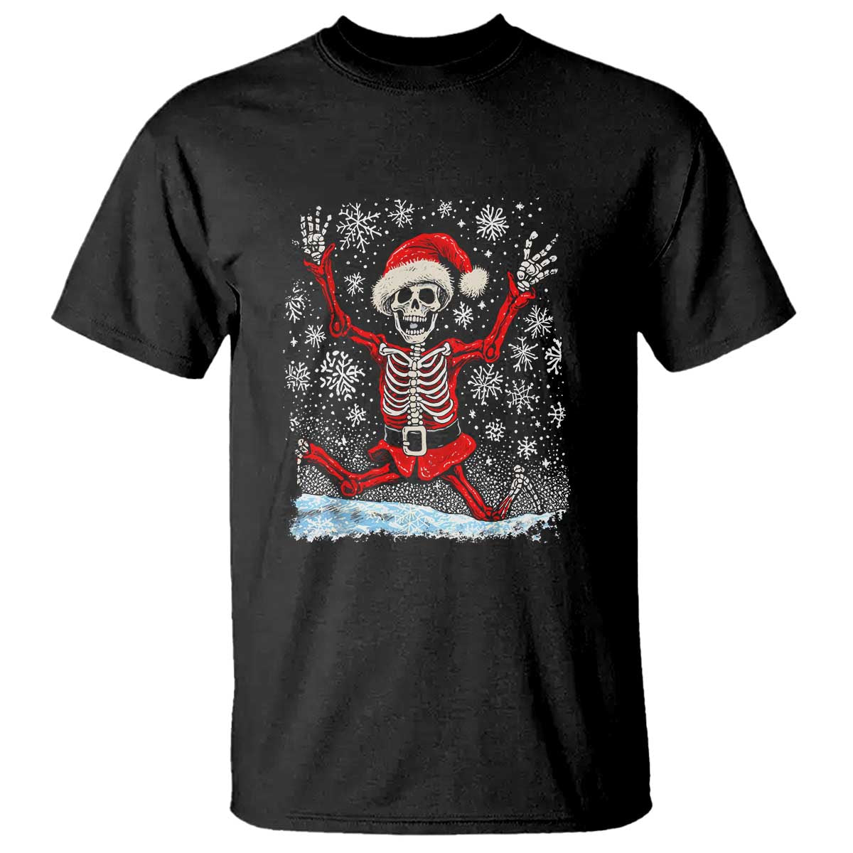 Dancing Skeleton Christmas T Shirt Snowy Xmas Night Santa TS02 Black Print Your Wear