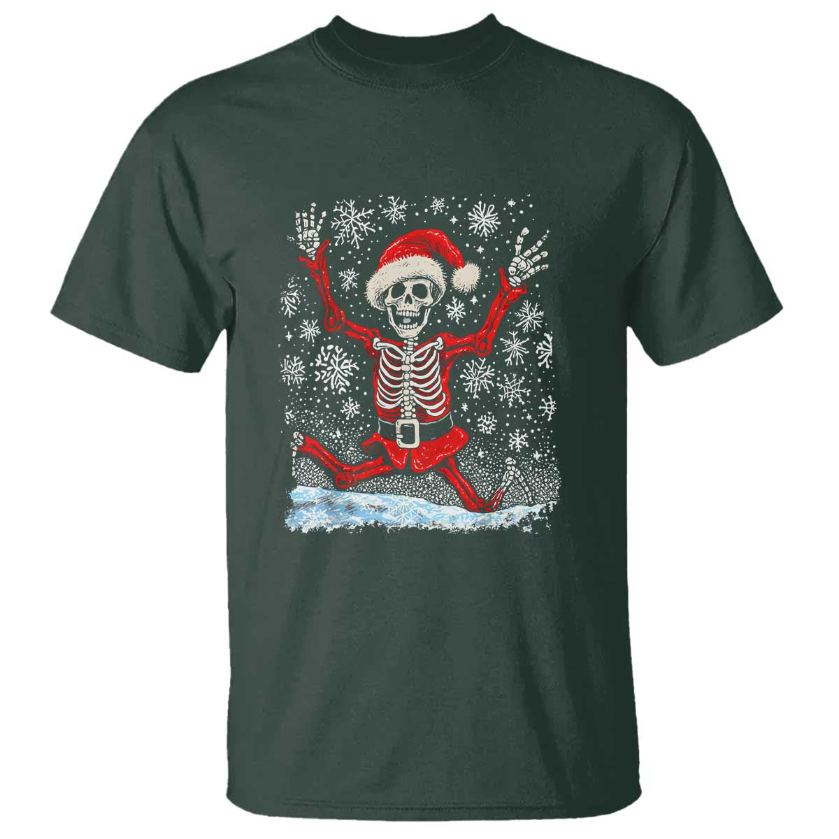 Dancing Skeleton Christmas T Shirt Snowy Xmas Night Santa TS02 Dark Forest Green Print Your Wear