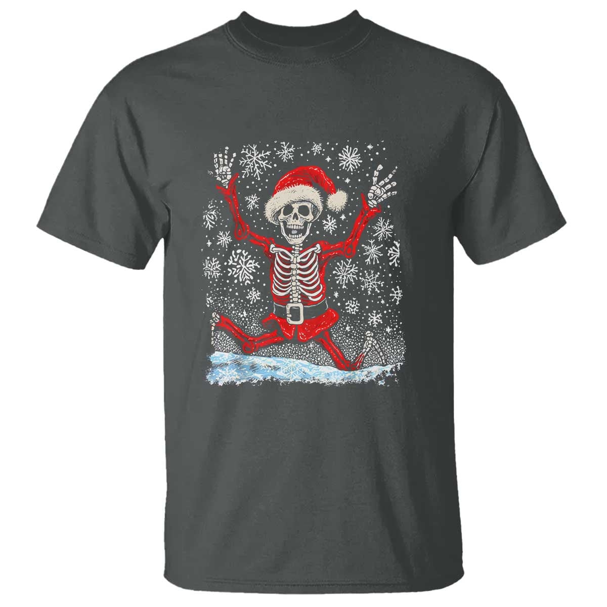 Dancing Skeleton Christmas T Shirt Snowy Xmas Night Santa TS02 Dark Heather Print Your Wear