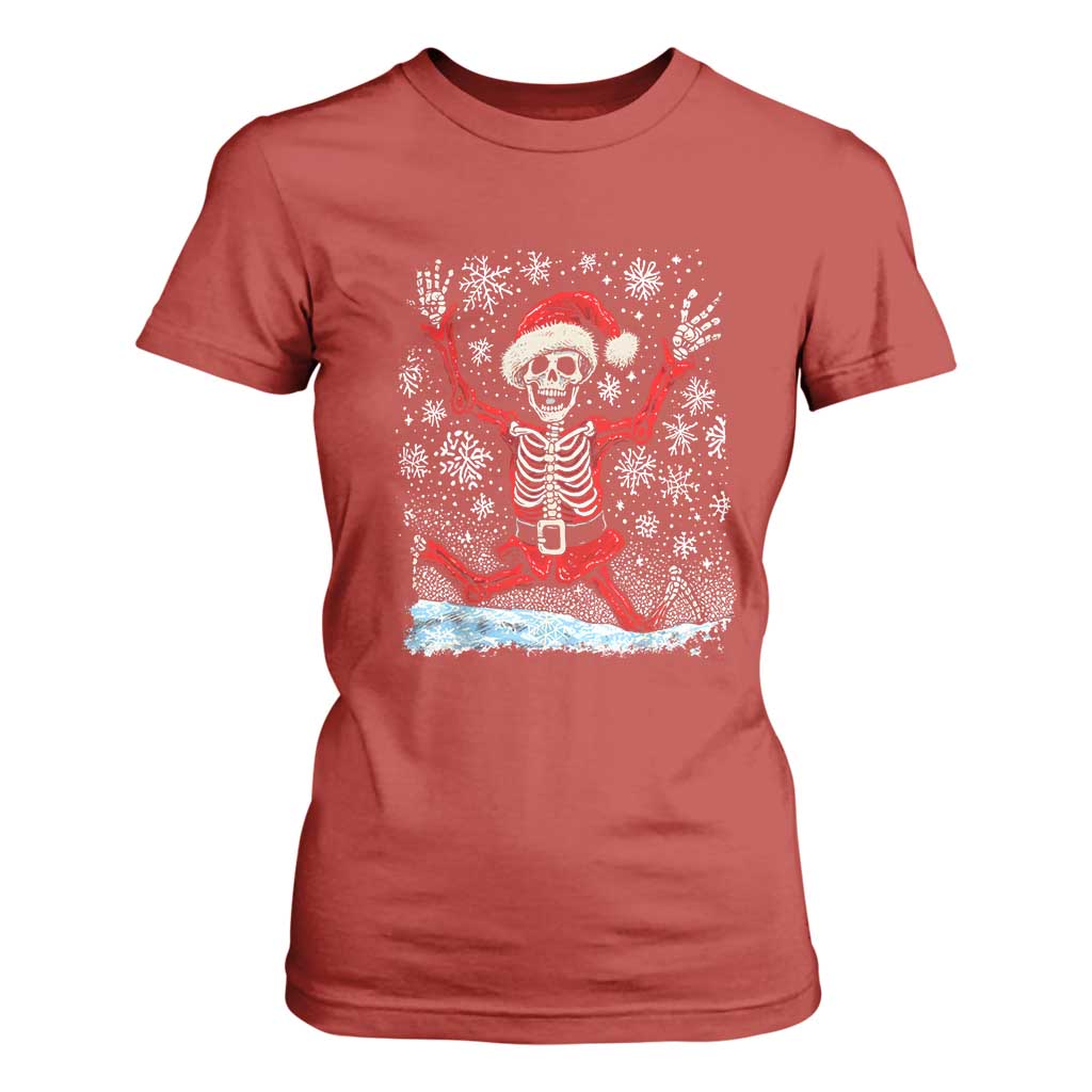 Dancing Skeleton Christmas T Shirt For Women Snowy Xmas Night Santa TS02 Red Print Your Wear