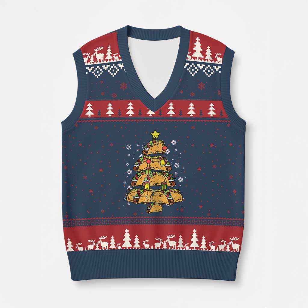 Taco Xmas Tree V-Neck Knit Sweater Vest Mexican Food Tacos Lover Xmas in Mexico TS02 Navy Red Print Your Wear