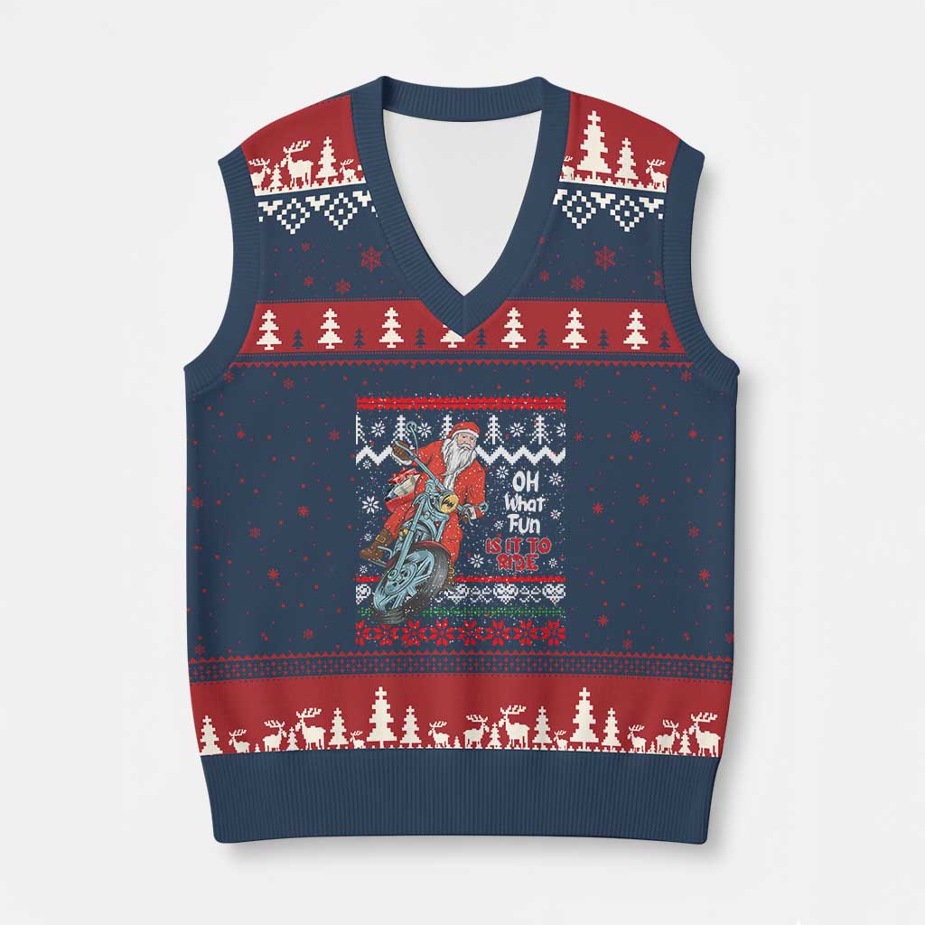 Biker Santa Claus V-Neck Knit Sweater Vest Xmas Motorcycle Oh What Fun It Is To Ride Ugly Sweater TS02 Navy Red Print Your Wear