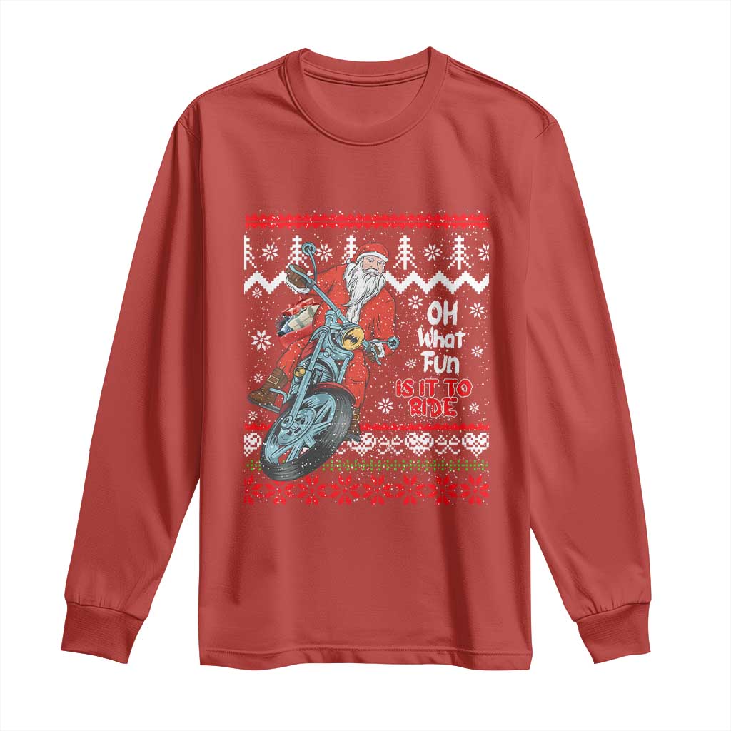 Biker Santa Claus Long Sleeve Shirt Christmas Motorcycle Oh What Fun It Is To Ride Ugly Sweater TS02 Red Print Your Wear