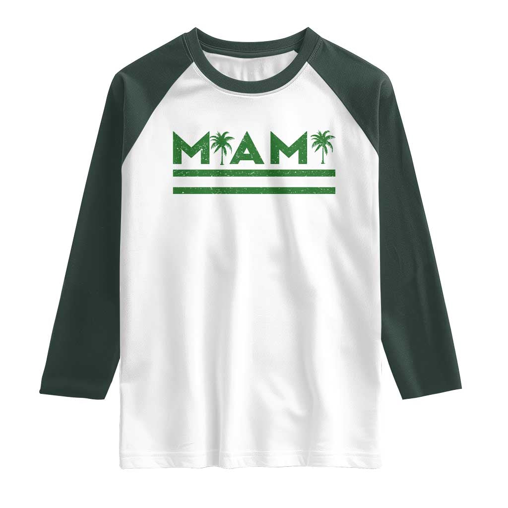 Retro Miami Palm Tree Raglan Shirt Vintage South Florida Pride Distressed Orange and Green TS02 White Dark Forest Green Print Your Wear
