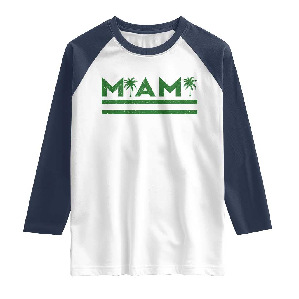 Retro Miami Palm Tree Raglan Shirt Vintage South Florida Pride Distressed Orange and Green TS02 White Navy Print Your Wear
