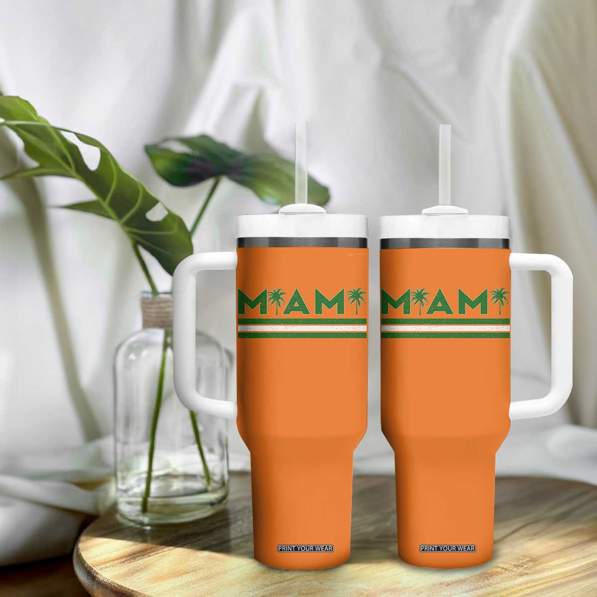 Retro Miami Palm Tree Tumbler With Handle Vintage South Florida Pride Distressed Orange and Green TS02 Print Your Wear