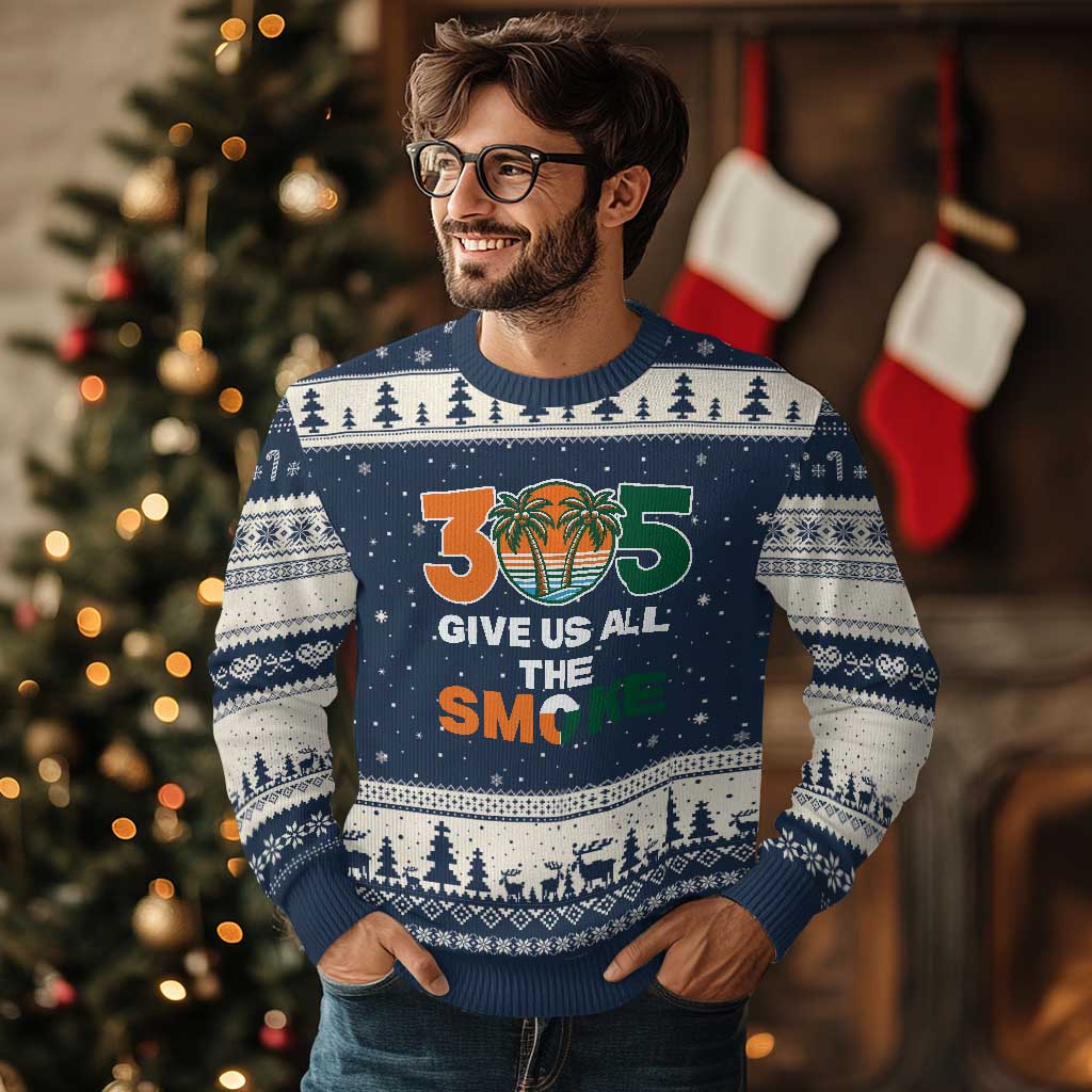 305 Give Us All the Smoke Ugly Christmas Sweater Miami Fan South Florida Pride TS02 Navy Beige Print Your Wear