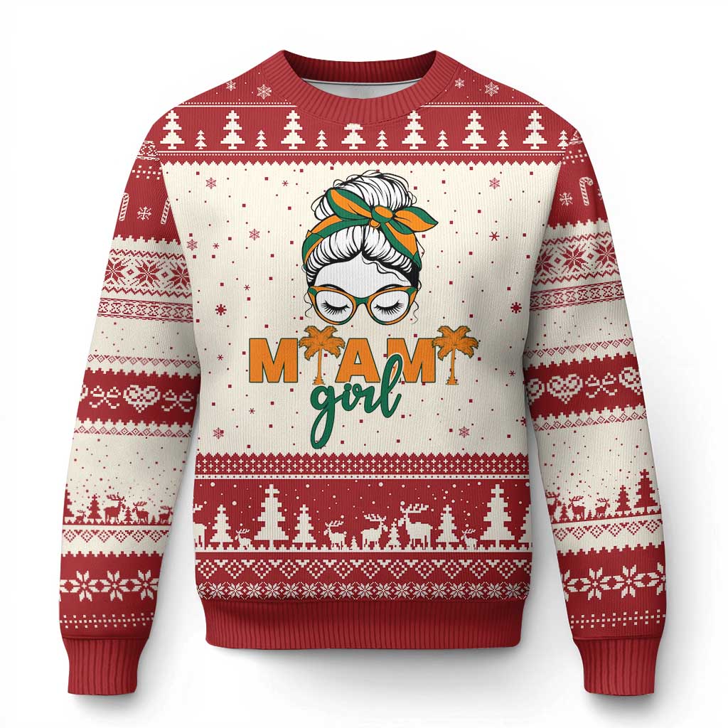 Miami Girl Messy Bun Bandana Ugly Christmas Sweater South Florida Pride Palm Trees TS02 Beige Red Print Your Wear
