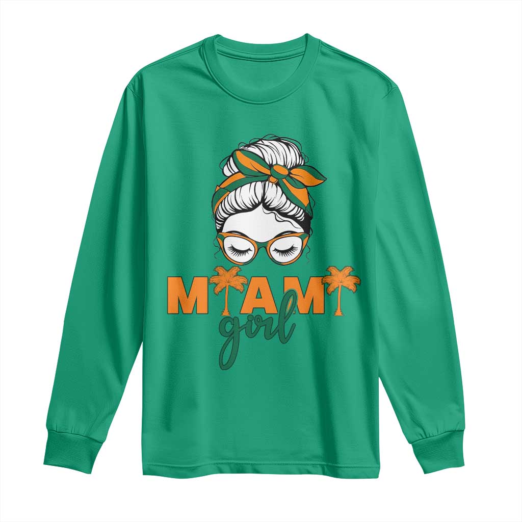 Miami Girl Messy Bun Bandana Long Sleeve Shirt South Florida Pride Palm Trees TS02 Irish Green Print Your Wear