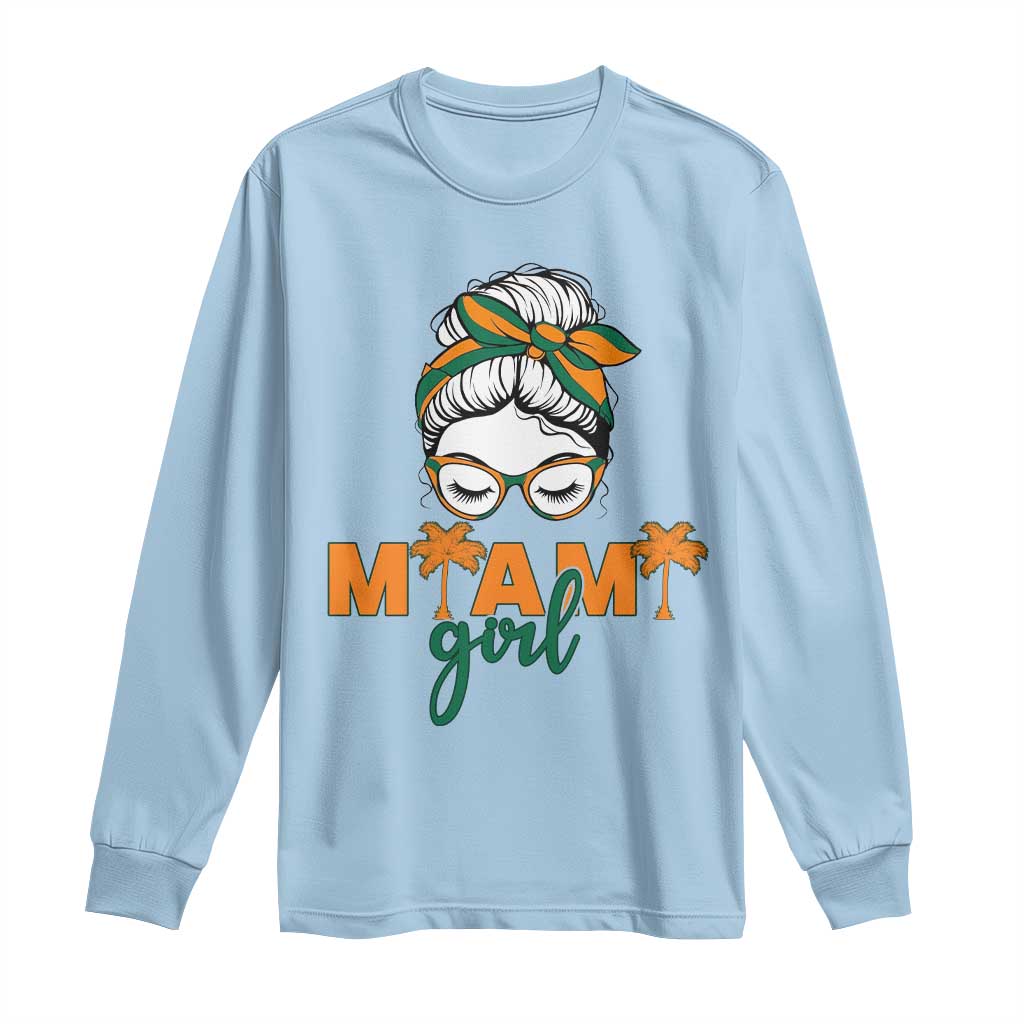 Miami Girl Messy Bun Bandana Long Sleeve Shirt South Florida Pride Palm Trees TS02 Light Blue Print Your Wear
