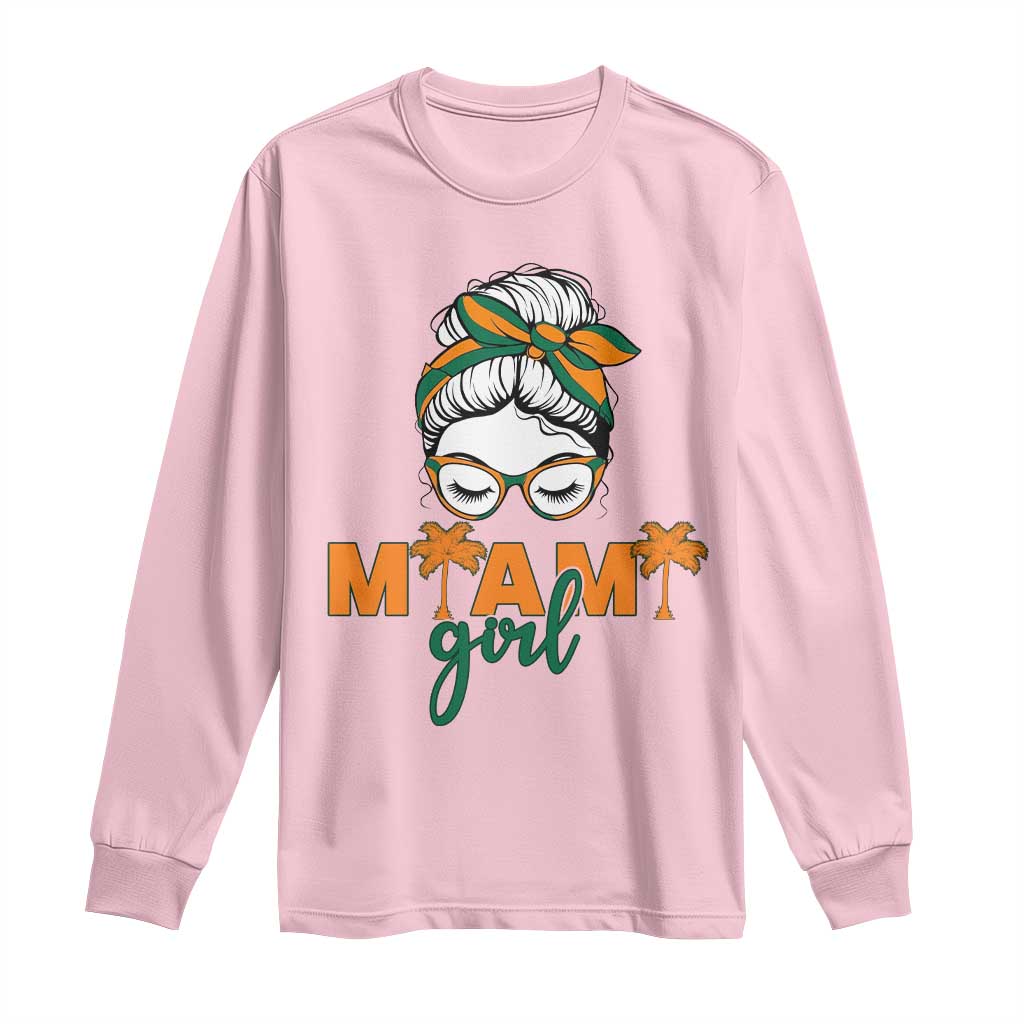 Miami Girl Messy Bun Bandana Long Sleeve Shirt South Florida Pride Palm Trees TS02 Light Pink Print Your Wear
