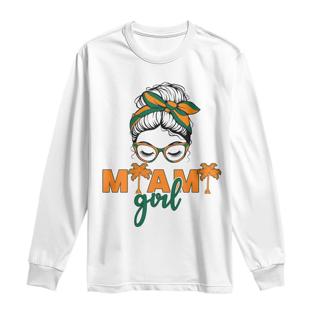 Miami Girl Messy Bun Bandana Long Sleeve Shirt South Florida Pride Palm Trees TS02 White Print Your Wear