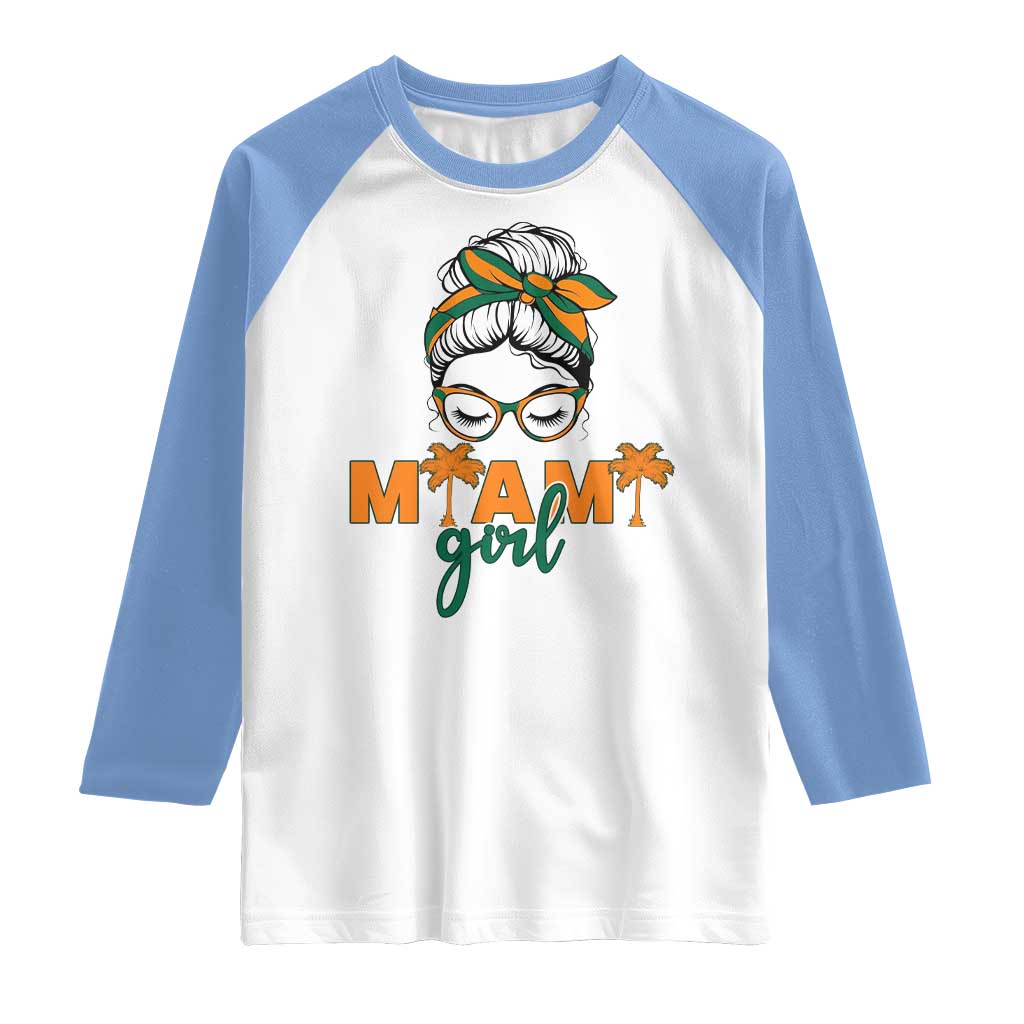 Miami Girl Messy Bun Bandana Raglan Shirt South Florida Pride Palm Trees TS02 White Carolina Blue Print Your Wear