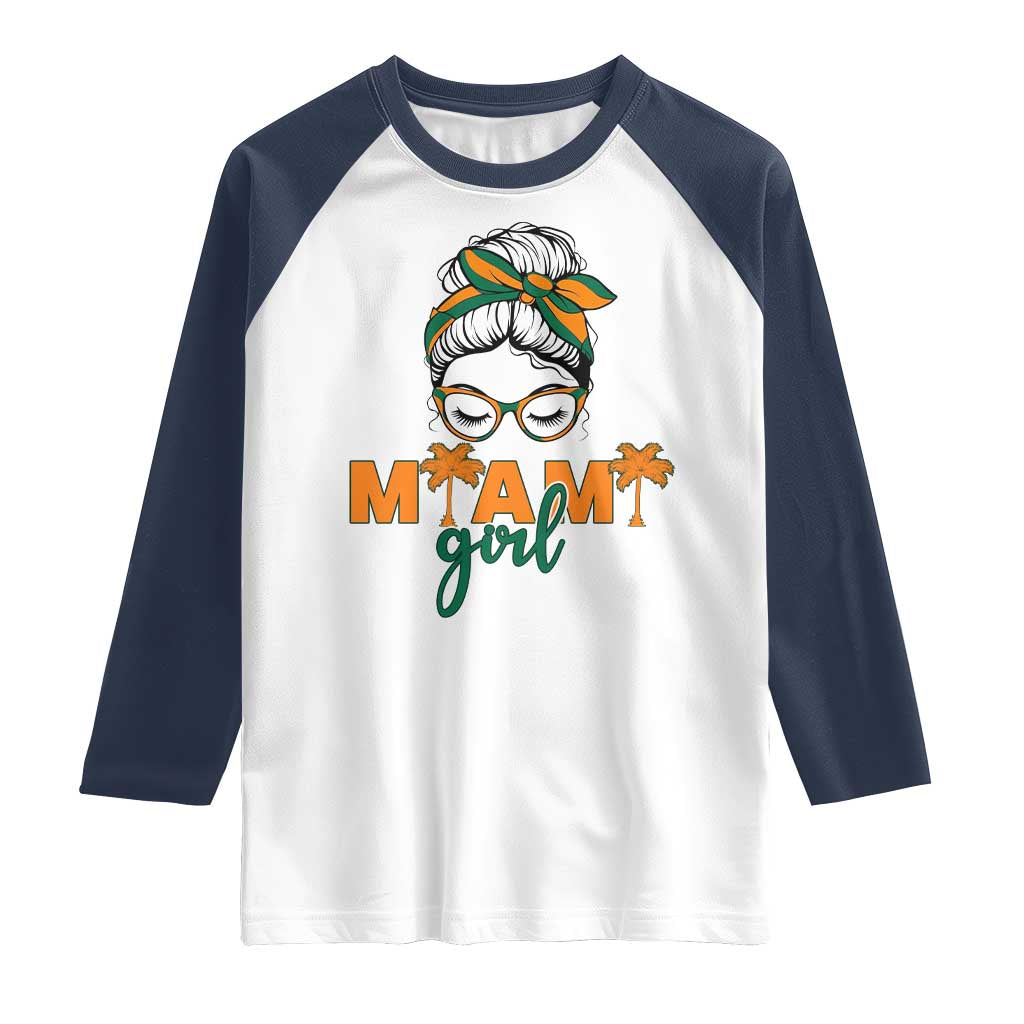 Miami Girl Messy Bun Bandana Raglan Shirt South Florida Pride Palm Trees TS02 White Navy Print Your Wear