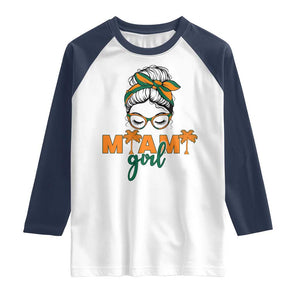 Miami Girl Messy Bun Bandana Raglan Shirt South Florida Pride Palm Trees TS02 White Navy Print Your Wear