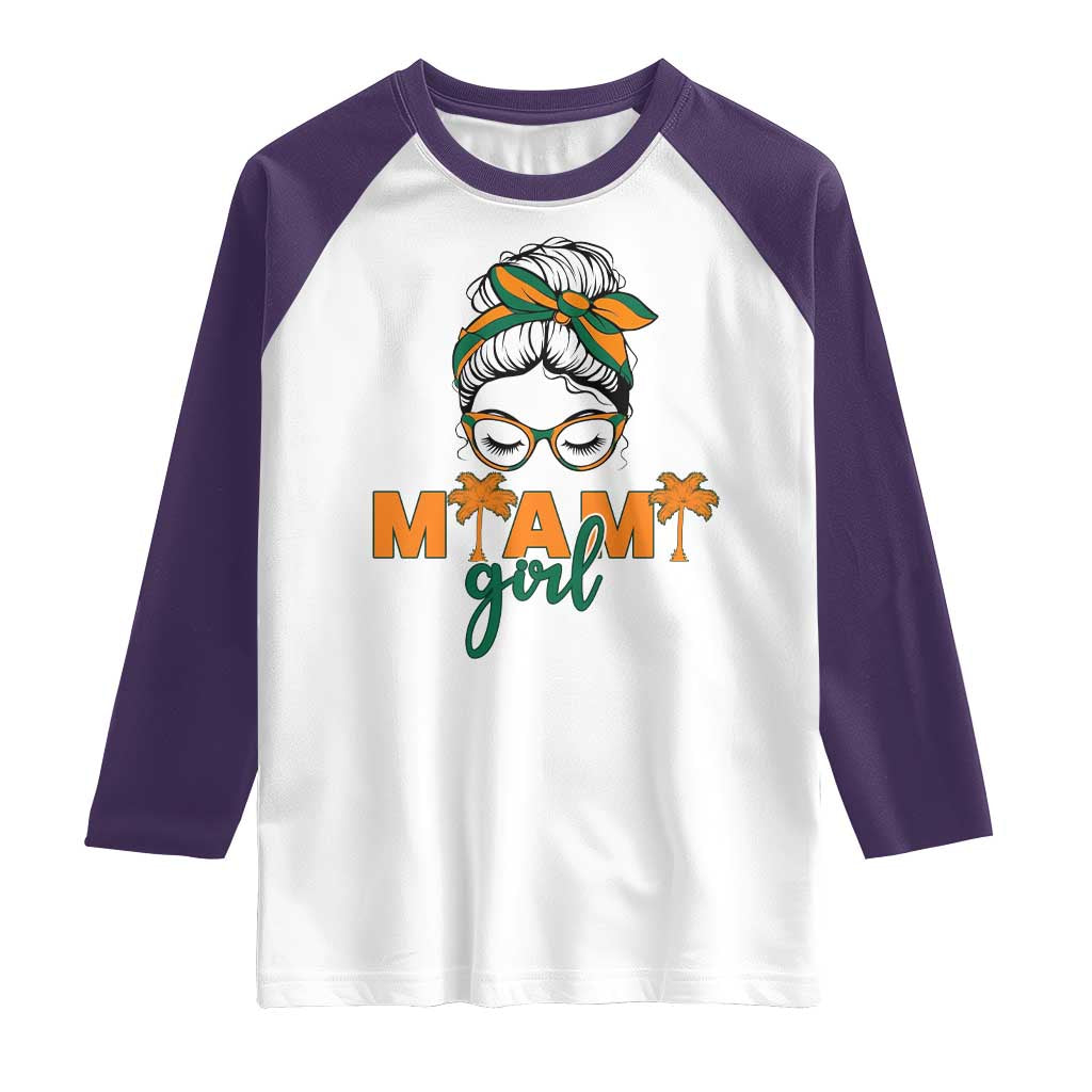 Miami Girl Messy Bun Bandana Raglan Shirt South Florida Pride Palm Trees TS02 White Purple Print Your Wear