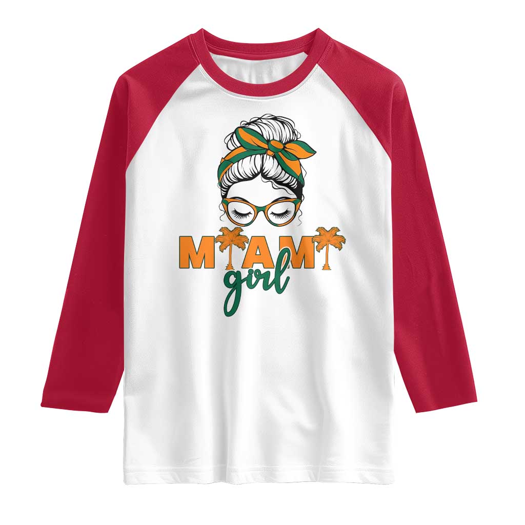 Miami Girl Messy Bun Bandana Raglan Shirt South Florida Pride Palm Trees TS02 White Red Print Your Wear