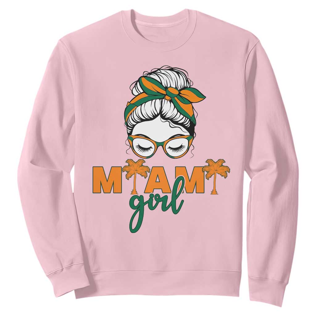 Miami Girl Messy Bun Bandana Sweatshirt South Florida Pride Palm Trees TS02 Light Pink Print Your Wear