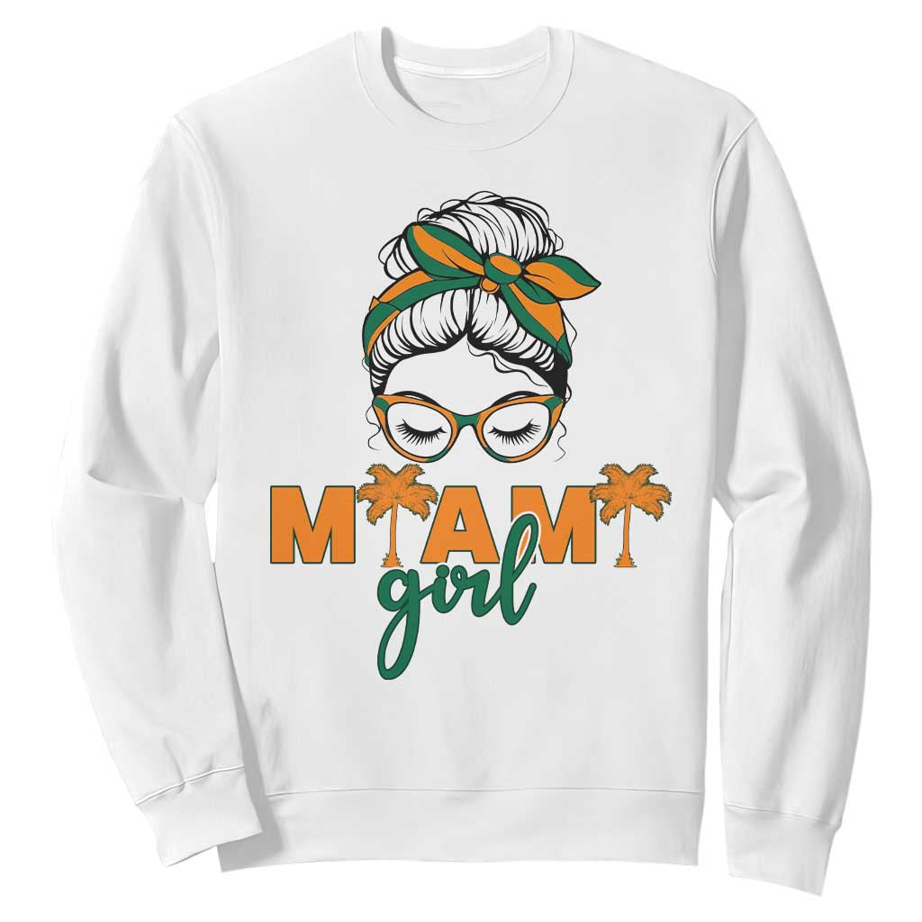 Miami Girl Messy Bun Bandana Sweatshirt South Florida Pride Palm Trees TS02 White Print Your Wear