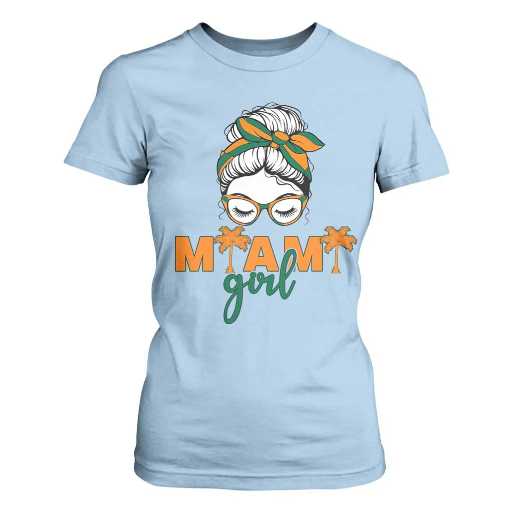 Miami Girl Messy Bun Bandana T Shirt For Women South Florida Pride Palm Trees TS02 Light Blue Print Your Wear