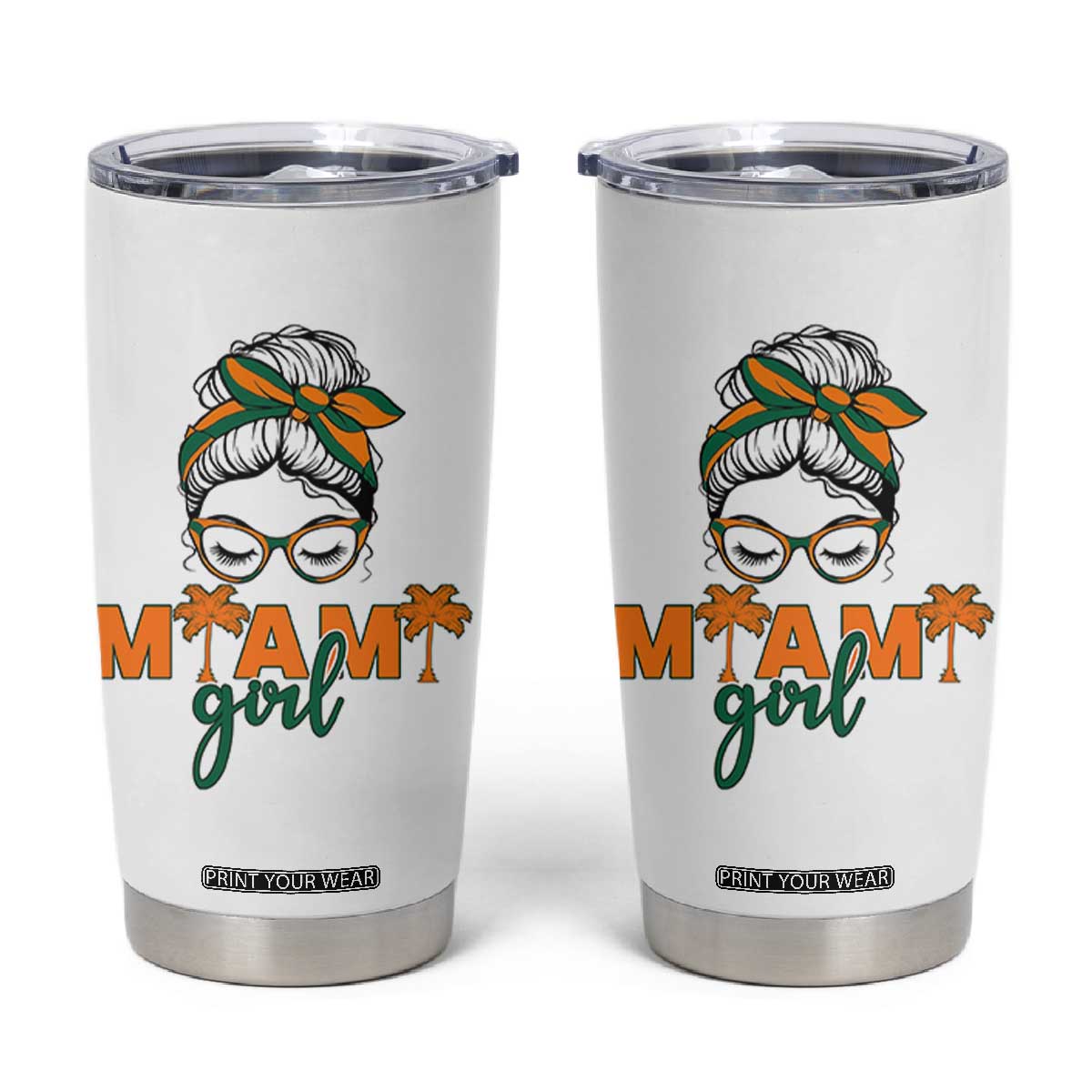 Miami Girl Messy Bun Bandana Tumbler Cup South Florida Pride Palm Trees TS02 White Print Your Wear
