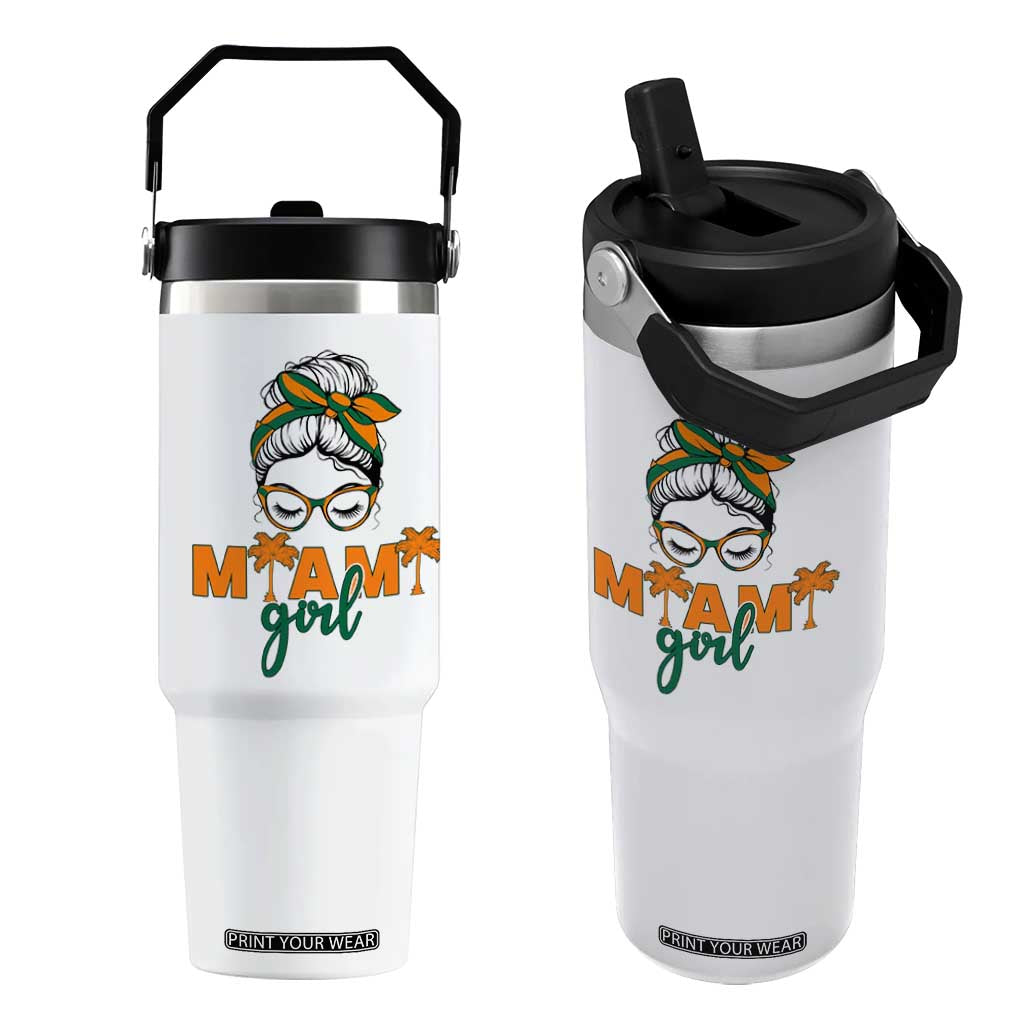 Miami Girl Messy Bun Bandana Flip Straw Tumbler South Florida Pride Palm Trees TS02 One Size: 30 oz White Print Your Wear