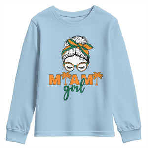 Miami Girl Messy Bun Bandana Youth Sweatshirt South Florida Pride Palm Trees TS02 Light Blue Print Your Wear
