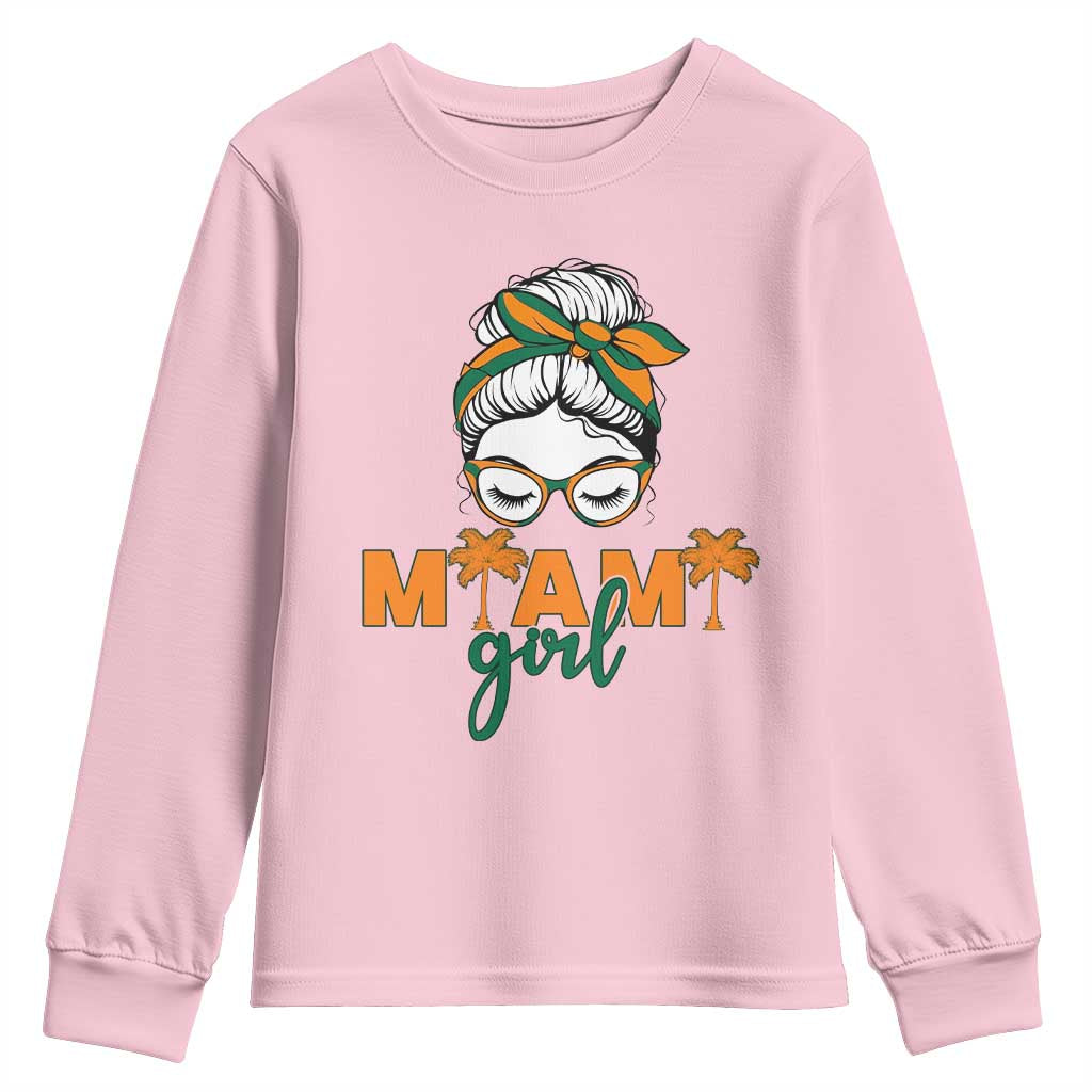 Miami Girl Messy Bun Bandana Youth Sweatshirt South Florida Pride Palm Trees TS02 Light Pink Print Your Wear