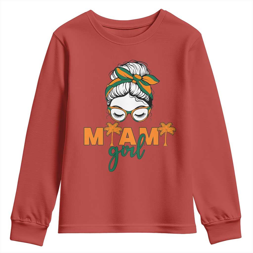 Miami Girl Messy Bun Bandana Youth Sweatshirt South Florida Pride Palm Trees TS02 Red Print Your Wear