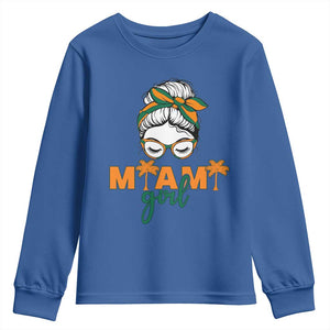 Miami Girl Messy Bun Bandana Youth Sweatshirt South Florida Pride Palm Trees TS02 Royal Blue Print Your Wear