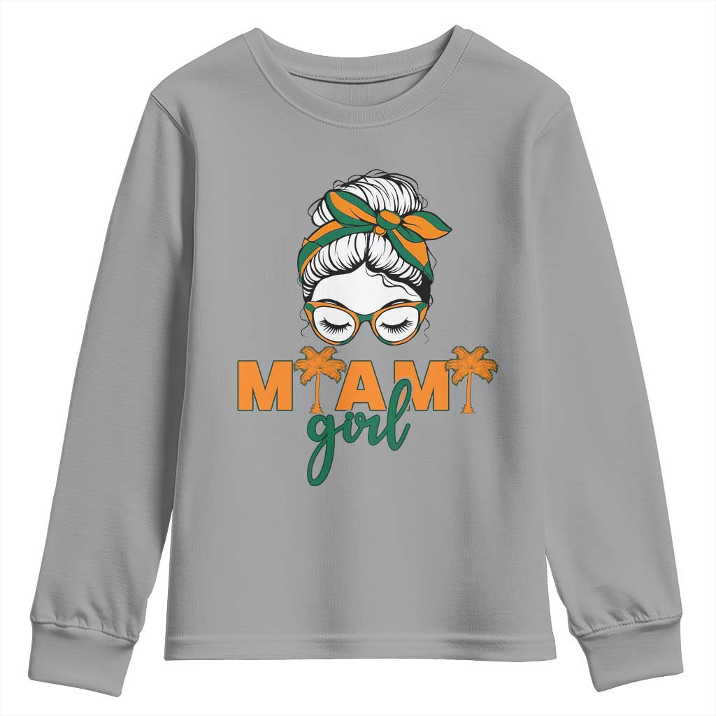 Miami Girl Messy Bun Bandana Youth Sweatshirt South Florida Pride Palm Trees TS02 Sport Gray Print Your Wear