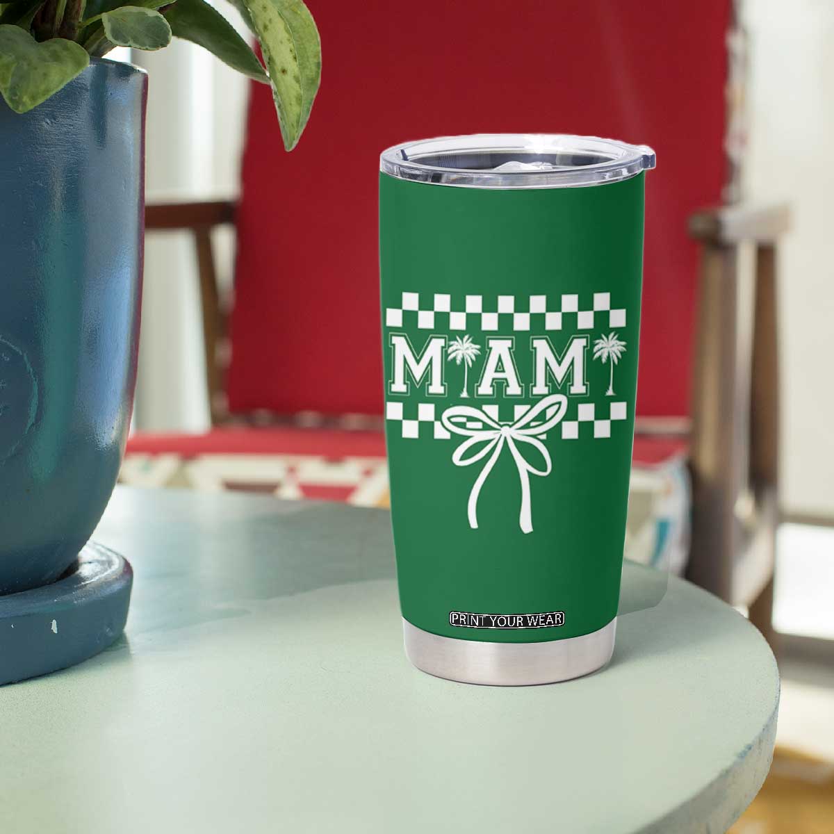 Preppy Miami Bow Aesthetic Tumbler Cup Cute Checkered Palm Tree College Girl TS02 Print Your Wear