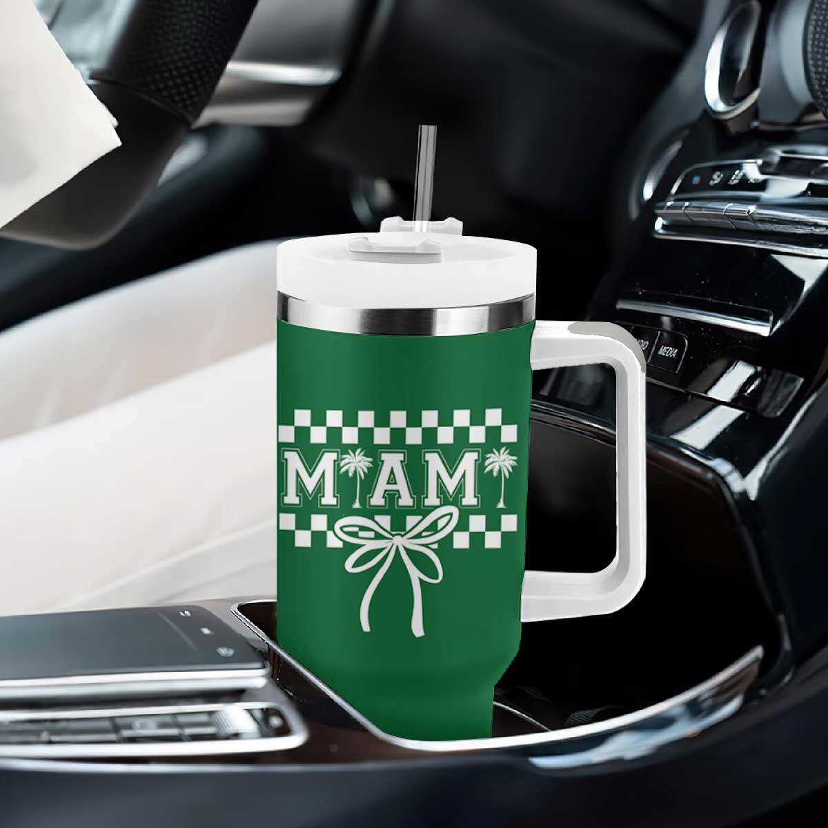 Preppy Miami Bow Aesthetic Tumbler With Handle Cute Checkered Palm Tree College Girl TS02 Print Your Wear