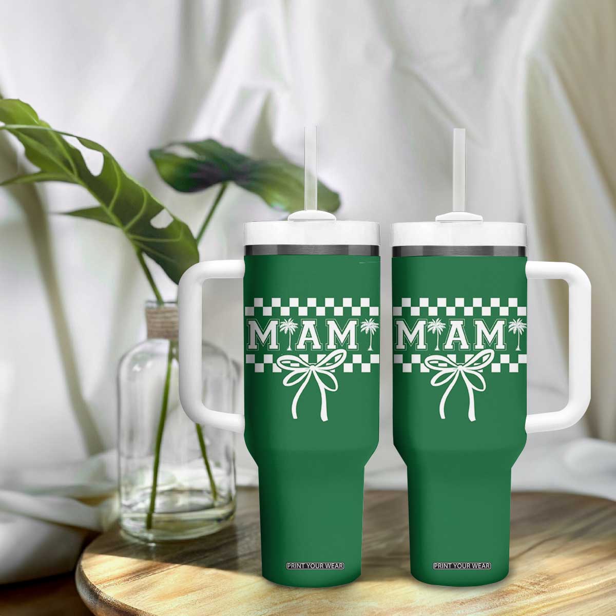 Preppy Miami Bow Aesthetic Tumbler With Handle Cute Checkered Palm Tree College Girl TS02 Print Your Wear