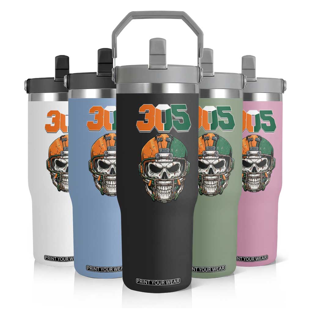 305 Football Warrior Skull Flip Straw Tumbler Orange and Green Miami Vibes TS02 Print Your Wear