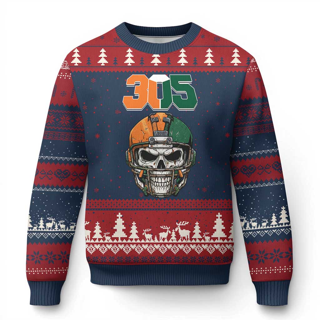 305 Football Warrior Skull Ugly Christmas Sweater Orange and Green Miami Vibes TS02 Navy Red Print Your Wear