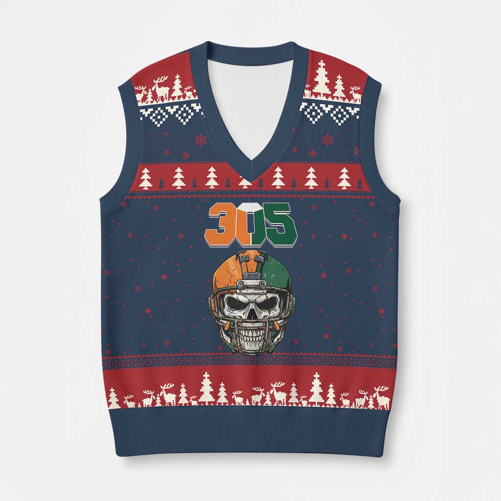 305 Football Warrior Skull V-Neck Knit Sweater Vest Orange and Green Miami Vibes TS02 Navy Red Print Your Wear