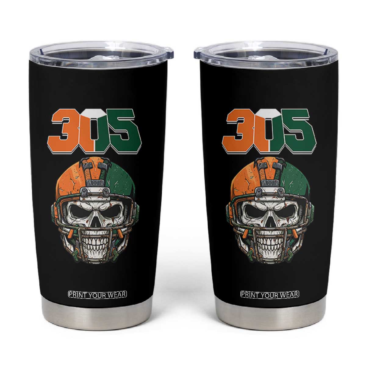 305 Football Warrior Skull Tumbler Cup Orange and Green Miami Vibes TS02 Black Print Your Wear