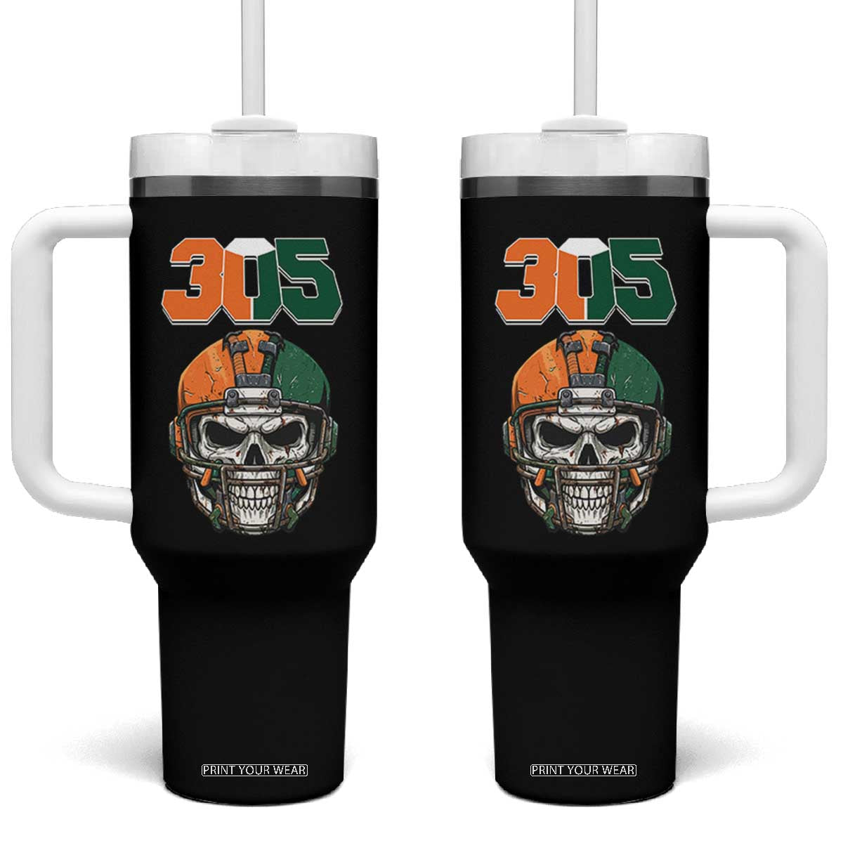 305 Football Warrior Skull Tumbler With Handle Orange and Green Miami Vibes TS02 One Size: 40 oz Black Print Your Wear