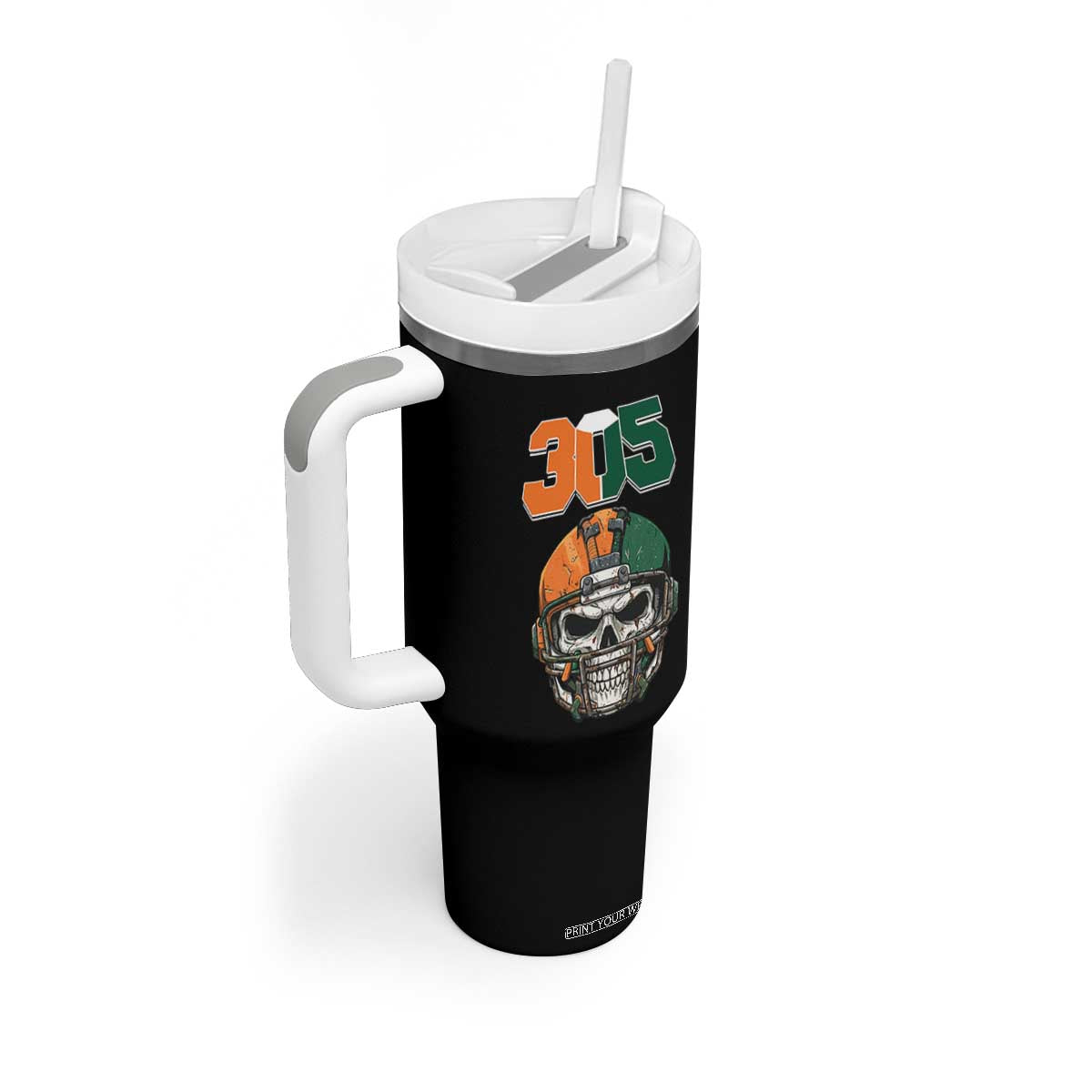 305 Football Warrior Skull Tumbler With Handle Orange and Green Miami Vibes TS02 Print Your Wear