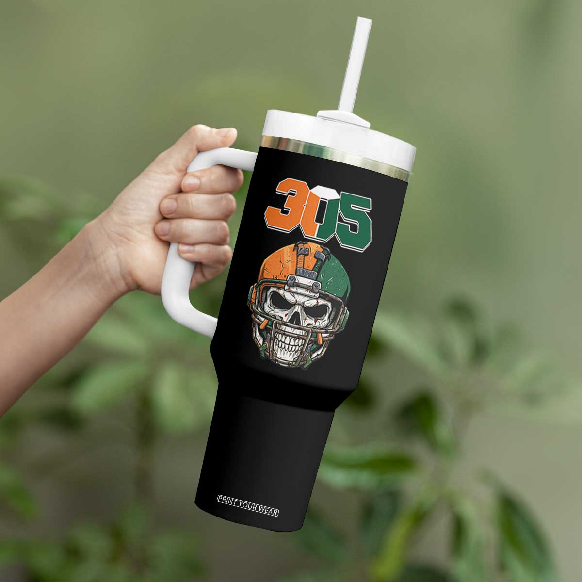 305 Football Warrior Skull Tumbler With Handle Orange and Green Miami Vibes TS02 Print Your Wear