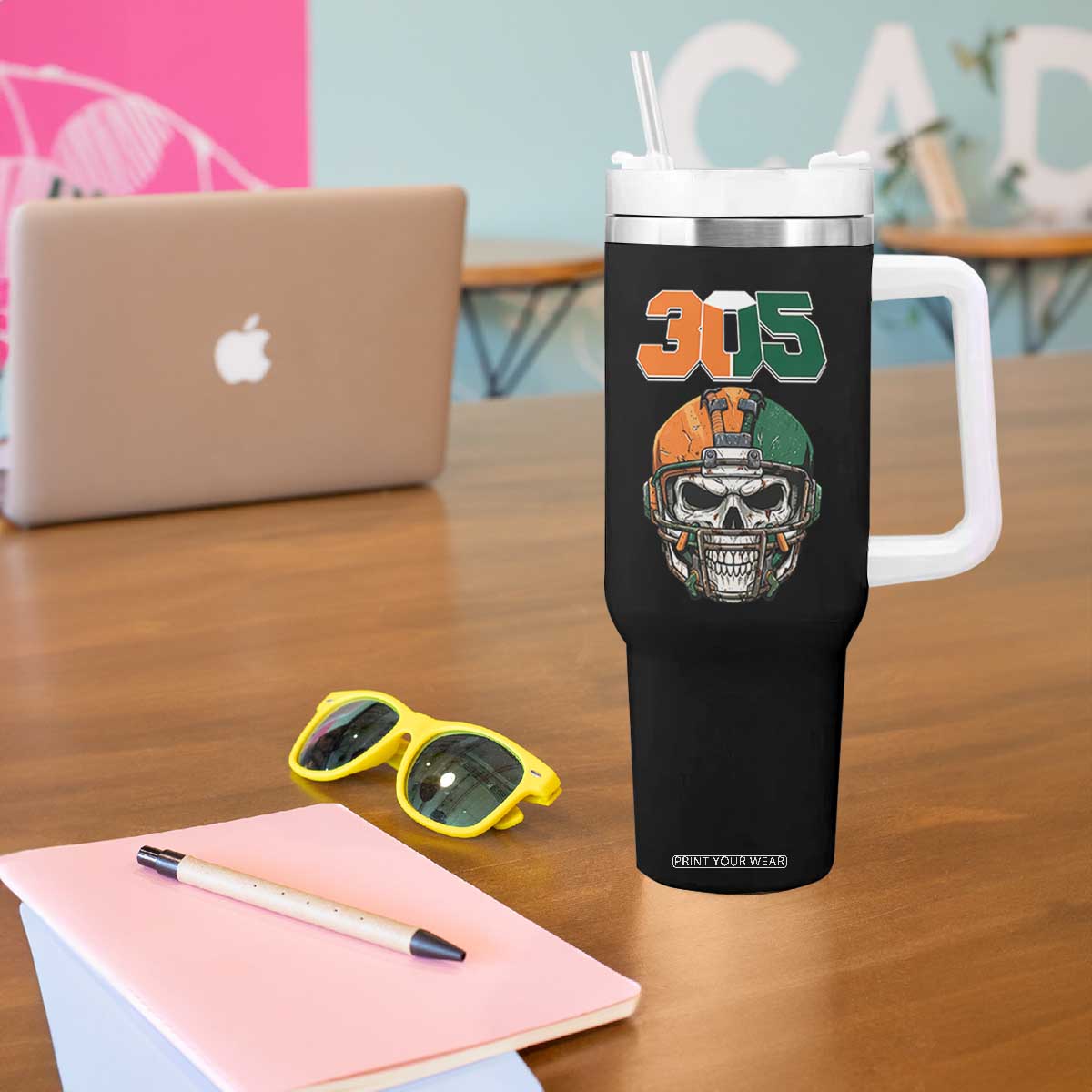 305 Football Warrior Skull Tumbler With Handle Orange and Green Miami Vibes TS02 Print Your Wear