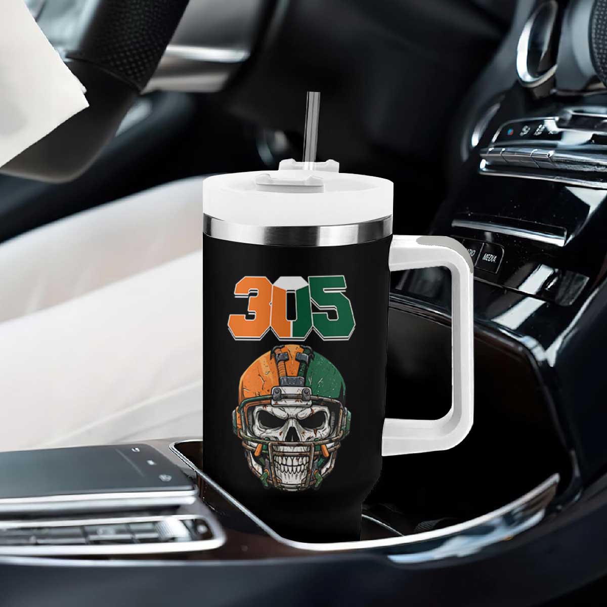 305 Football Warrior Skull Tumbler With Handle Orange and Green Miami Vibes TS02 Print Your Wear
