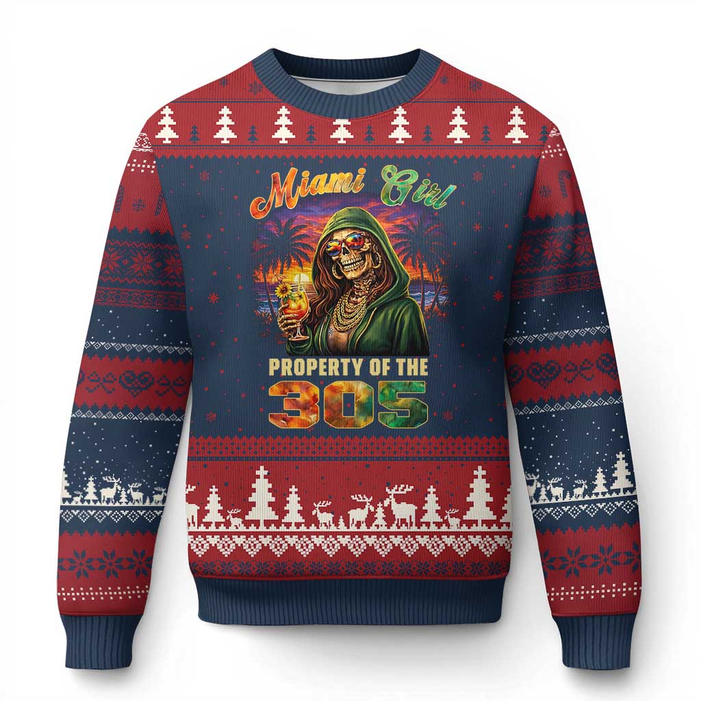 Miami Girl Skeleton Property of the 305 Ugly Christmas Sweater Tropical City Florida Pride Street Style TS02 Navy Red Print Your Wear