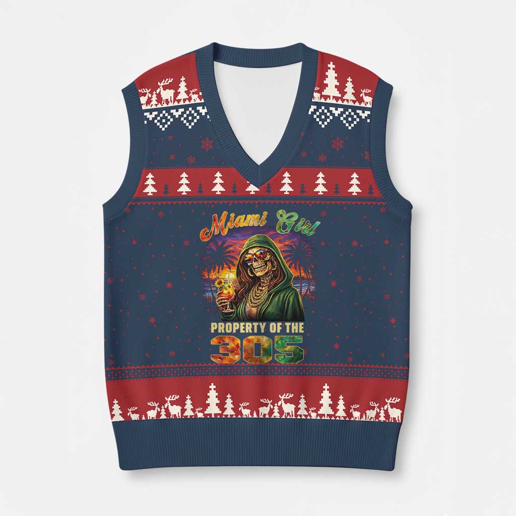 Miami Girl Skeleton Property of the 305 V-Neck Knit Sweater Vest Tropical City Florida Pride Street Style TS02 Navy Red Print Your Wear