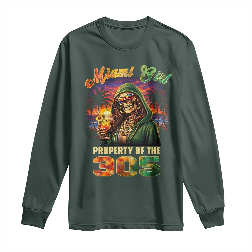 Miami Girl Skeleton Property of the 305 Long Sleeve Shirt Tropical City Florida Pride Street Style TS02 Dark Forest Green Print Your Wear
