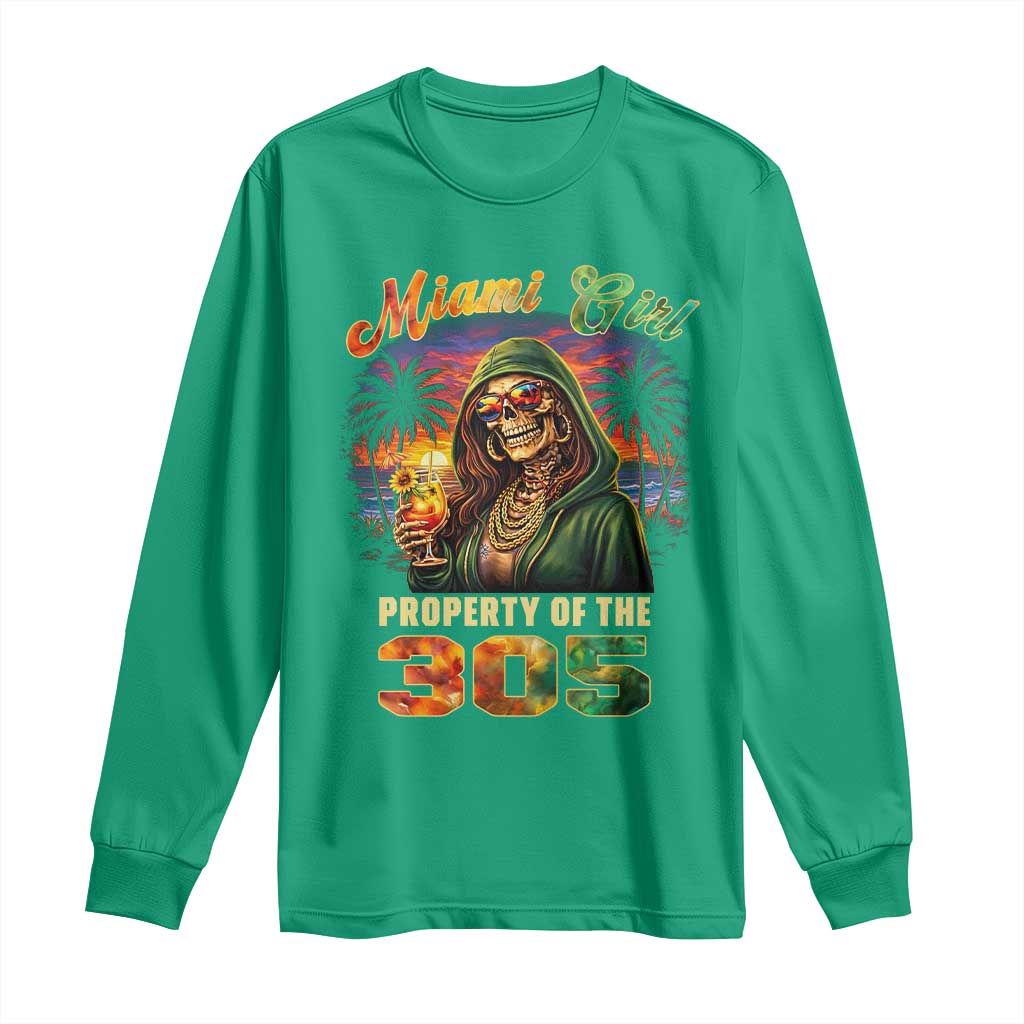 Miami Girl Skeleton Property of the 305 Long Sleeve Shirt Tropical City Florida Pride Street Style TS02 Irish Green Print Your Wear