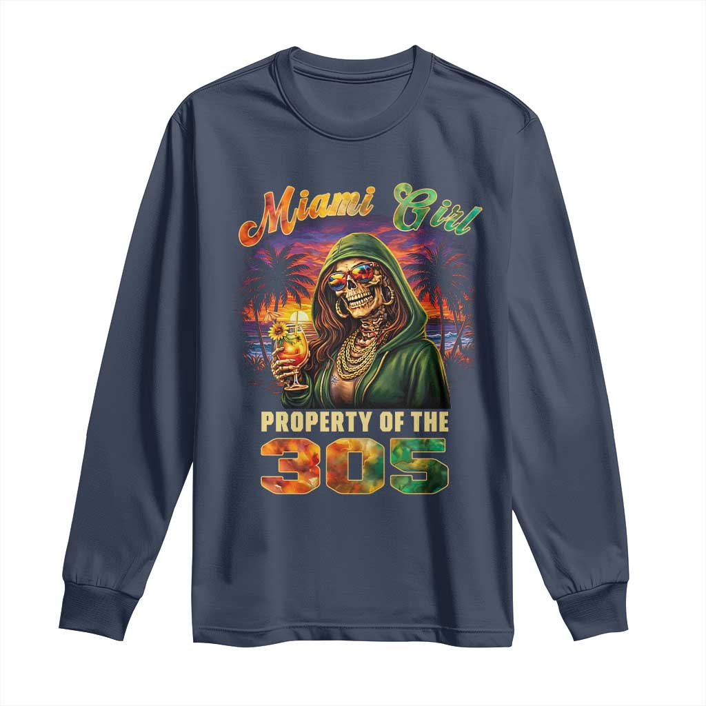 Miami Girl Skeleton Property of the 305 Long Sleeve Shirt Tropical City Florida Pride Street Style TS02 Navy Print Your Wear
