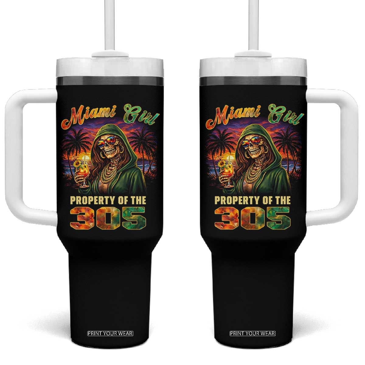Miami Girl Skeleton Property of the 305 Tumbler With Handle Tropical City Florida Pride Street Style TS02 One Size: 40 oz Black Print Your Wear